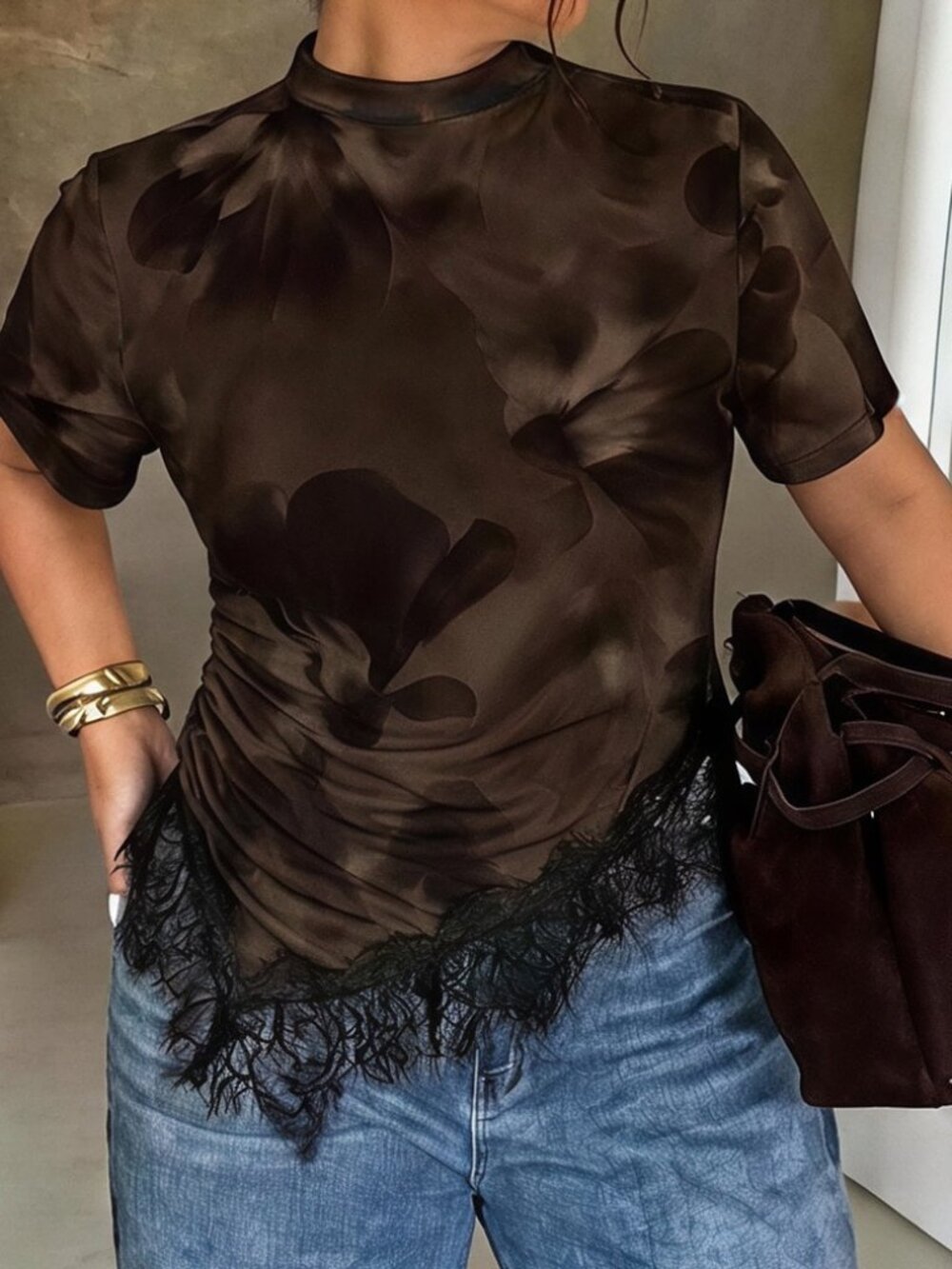 Multicolor Casual Women's Contrast Lace Sheer Round Neck Short Sleeve T-Shirt